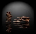 Two natural agarwood pieces reflected on a dark surface