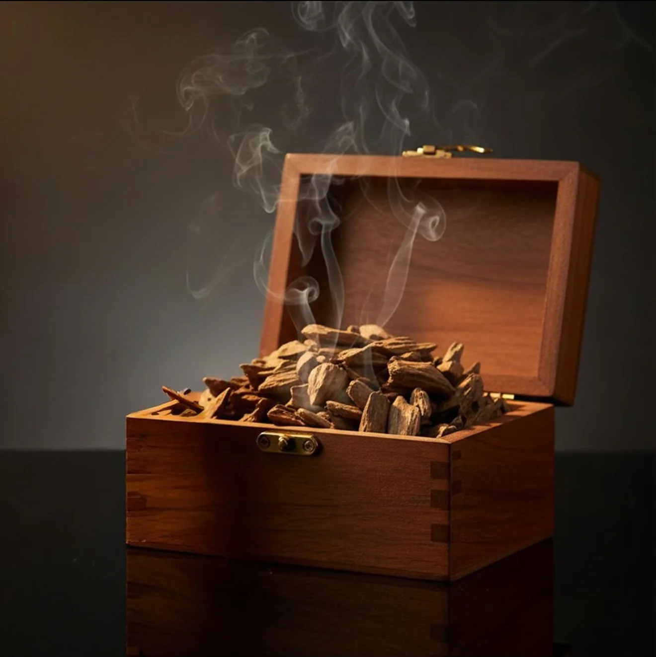 Wooden box of oud chips with rising incense smoke