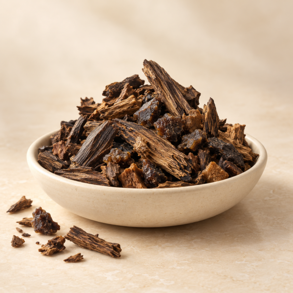 Oud wood chips and fragrant blends in an ivory bowl